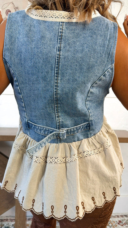 Washed Sunflower Embroidered Vest, Denim