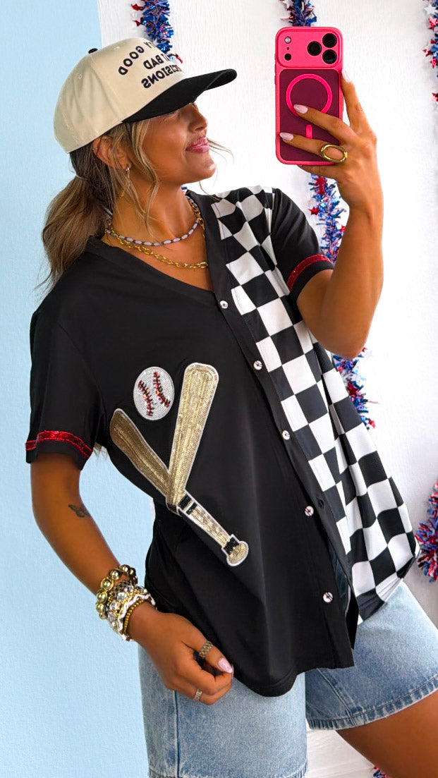 Swinging For the Fences Button Jersey, Black
