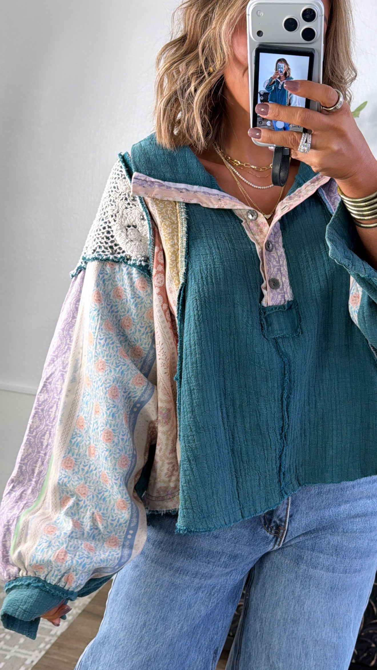 Tulip Skies Button Up Blouse, Teal Green