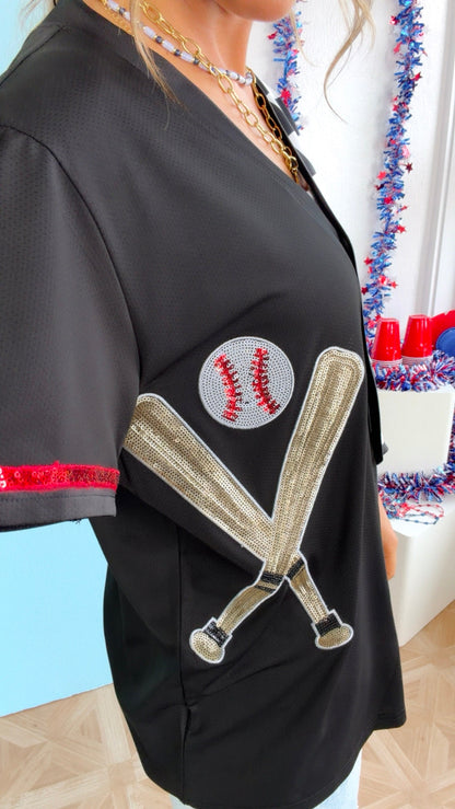 Swinging For the Fences Button Jersey, Black