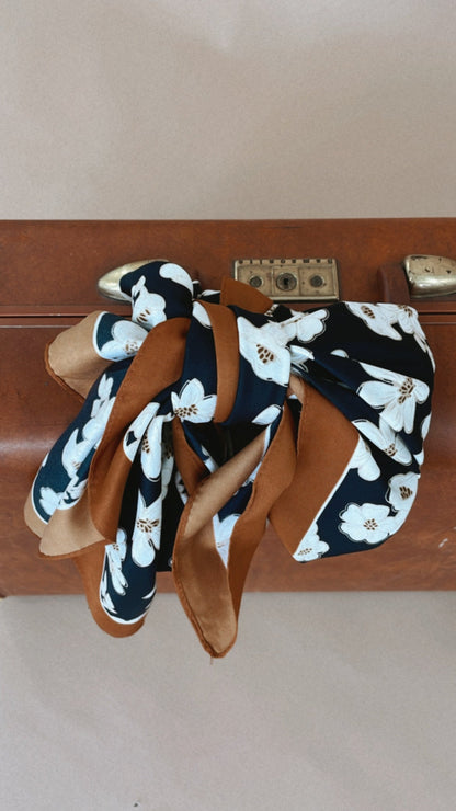 Silk Flower Power Twilly Scarf, Navy