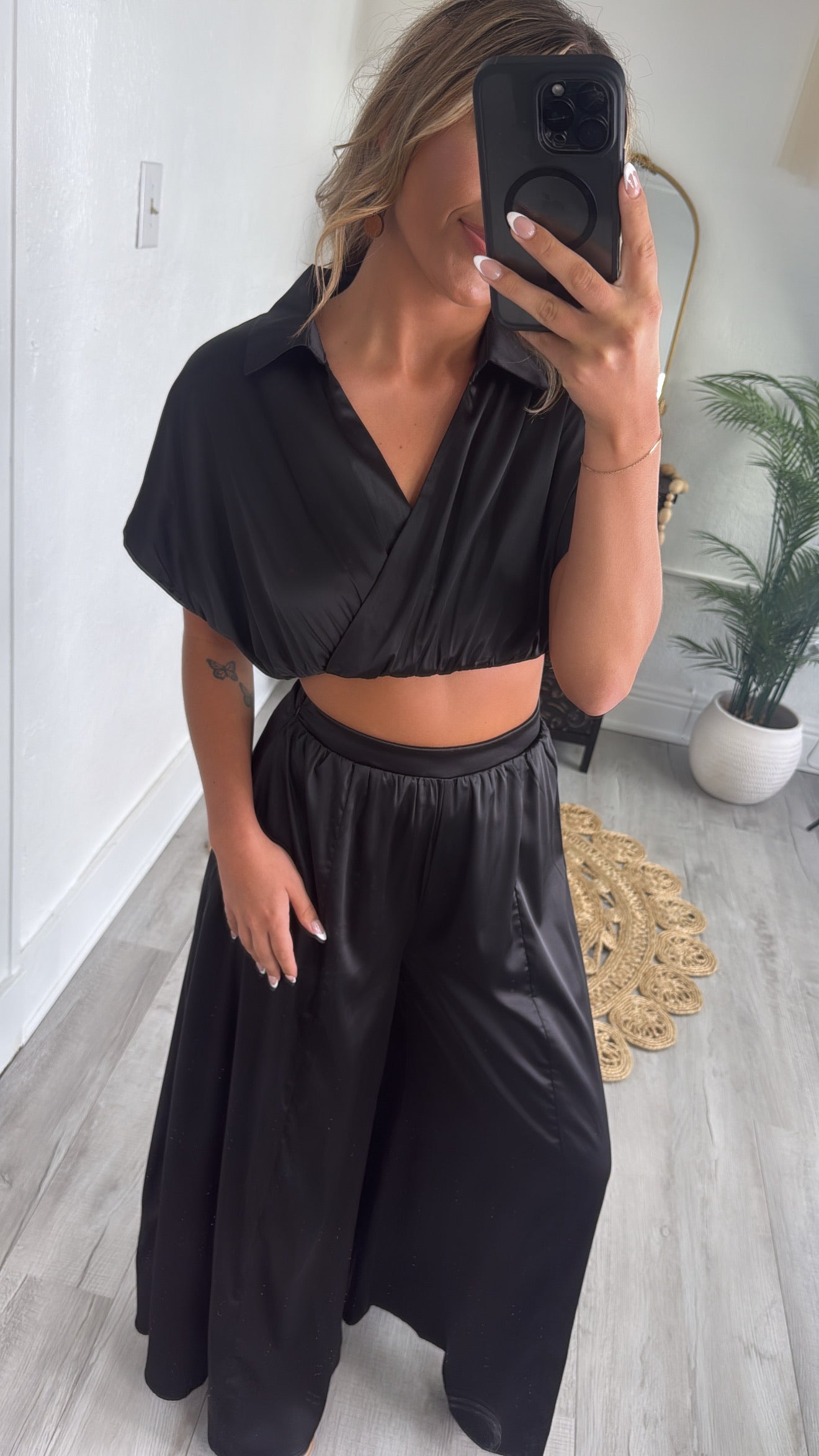 Satin Top and Pants Set, Black