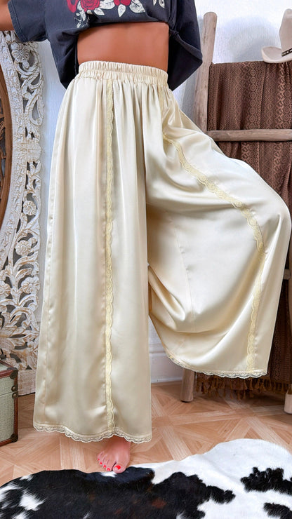 Satin Lace Trim Flowy Pants, Creamy Light Yellow