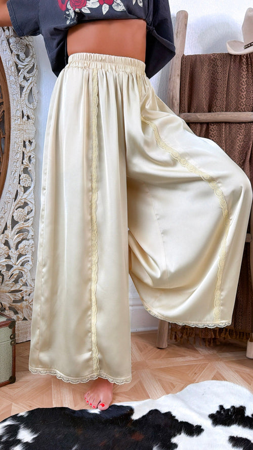 Satin Lace Trim Flowy Pants, Creamy Light Yellow