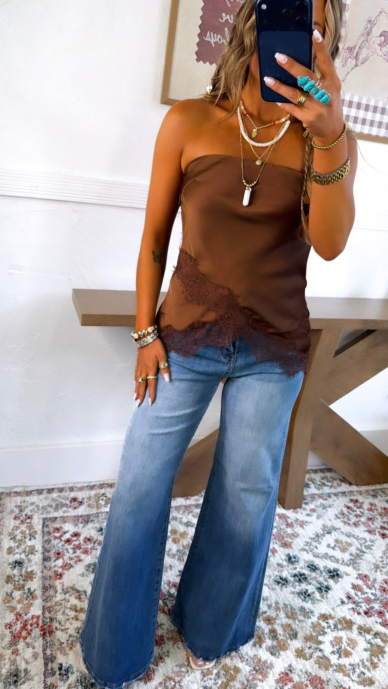 Satin Asymmetrical Hem Strapless Top, Brown