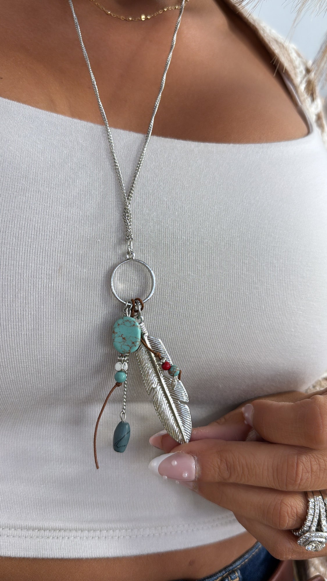 Tahlia Turquoise Charm Feather Necklace, Silver