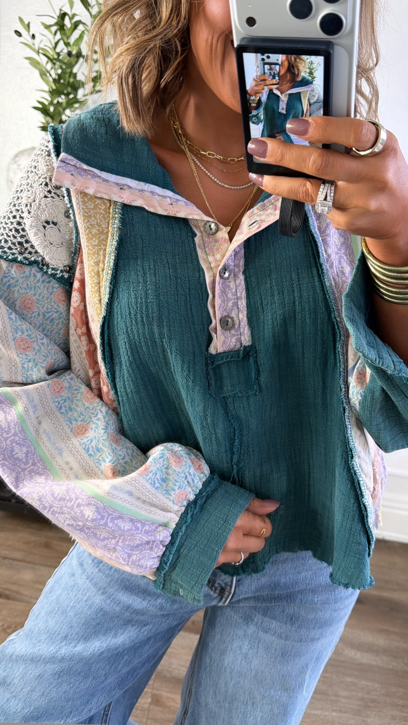 Tulip Skies Button Up Blouse, Teal Green