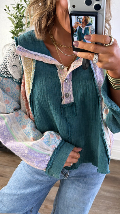 Tulip Skies Button Up Blouse, Teal Green