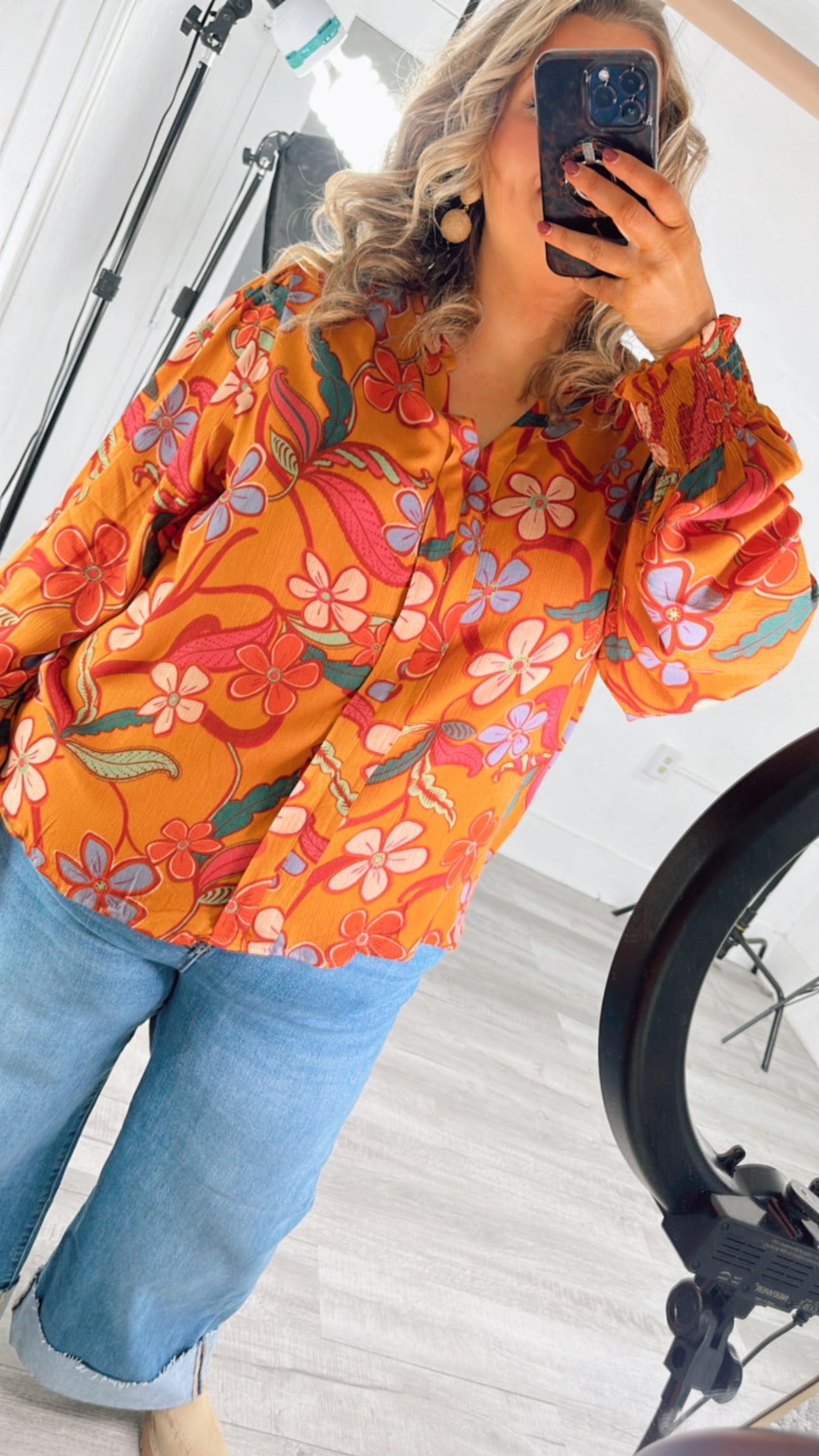 Standout  Long Sleeve Floral Blouse, Camel