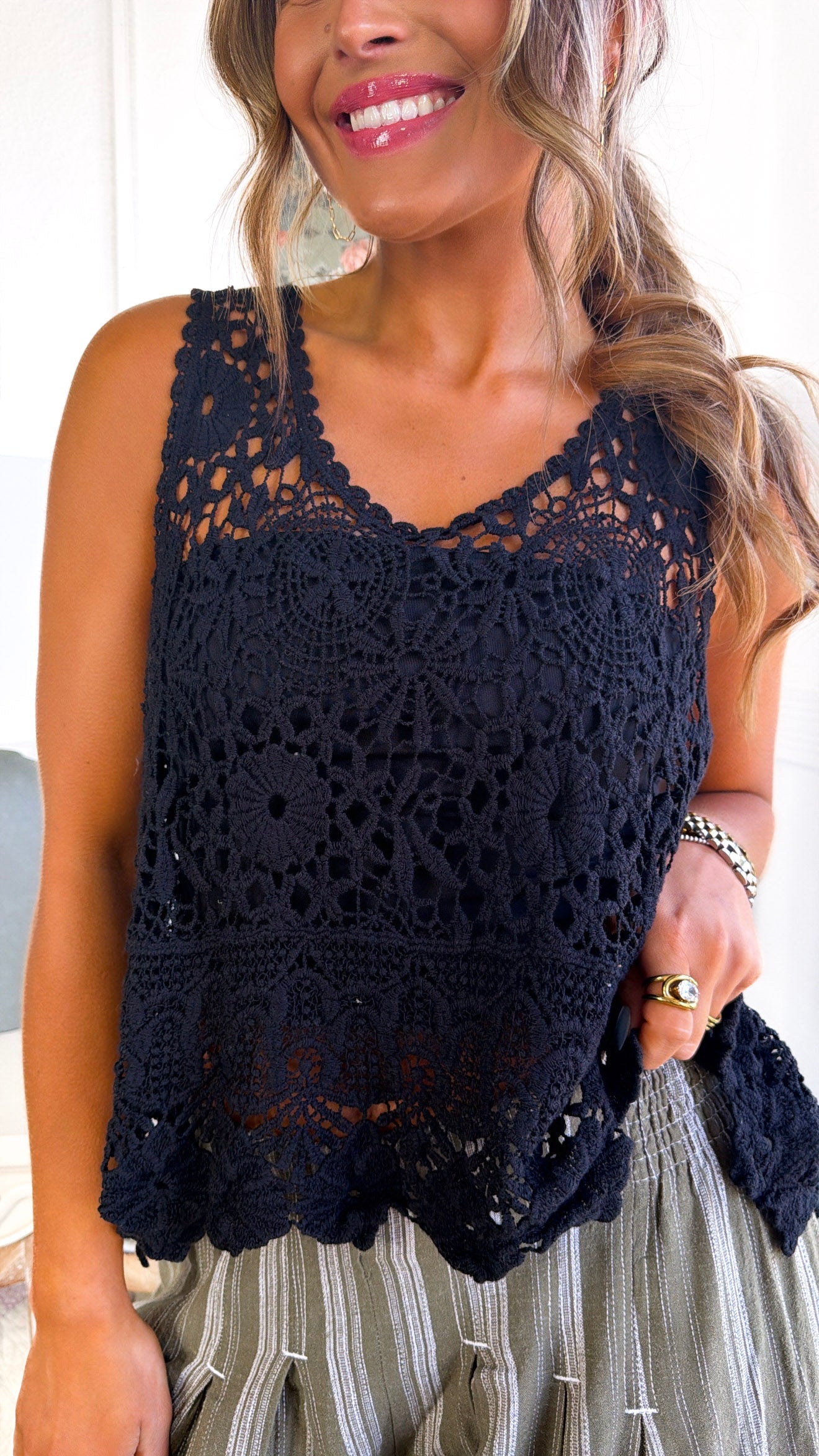 Spring Soil Crochet Tank, Black