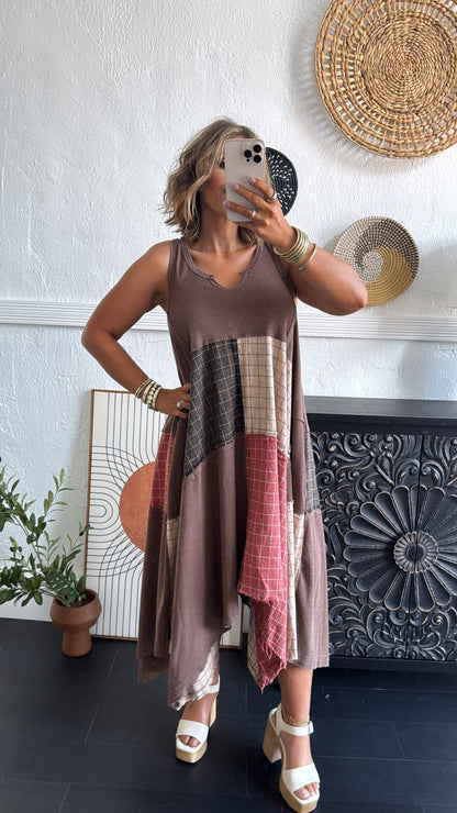 Rustic Patchwork A Symmetrical Dress, Mocha Brown