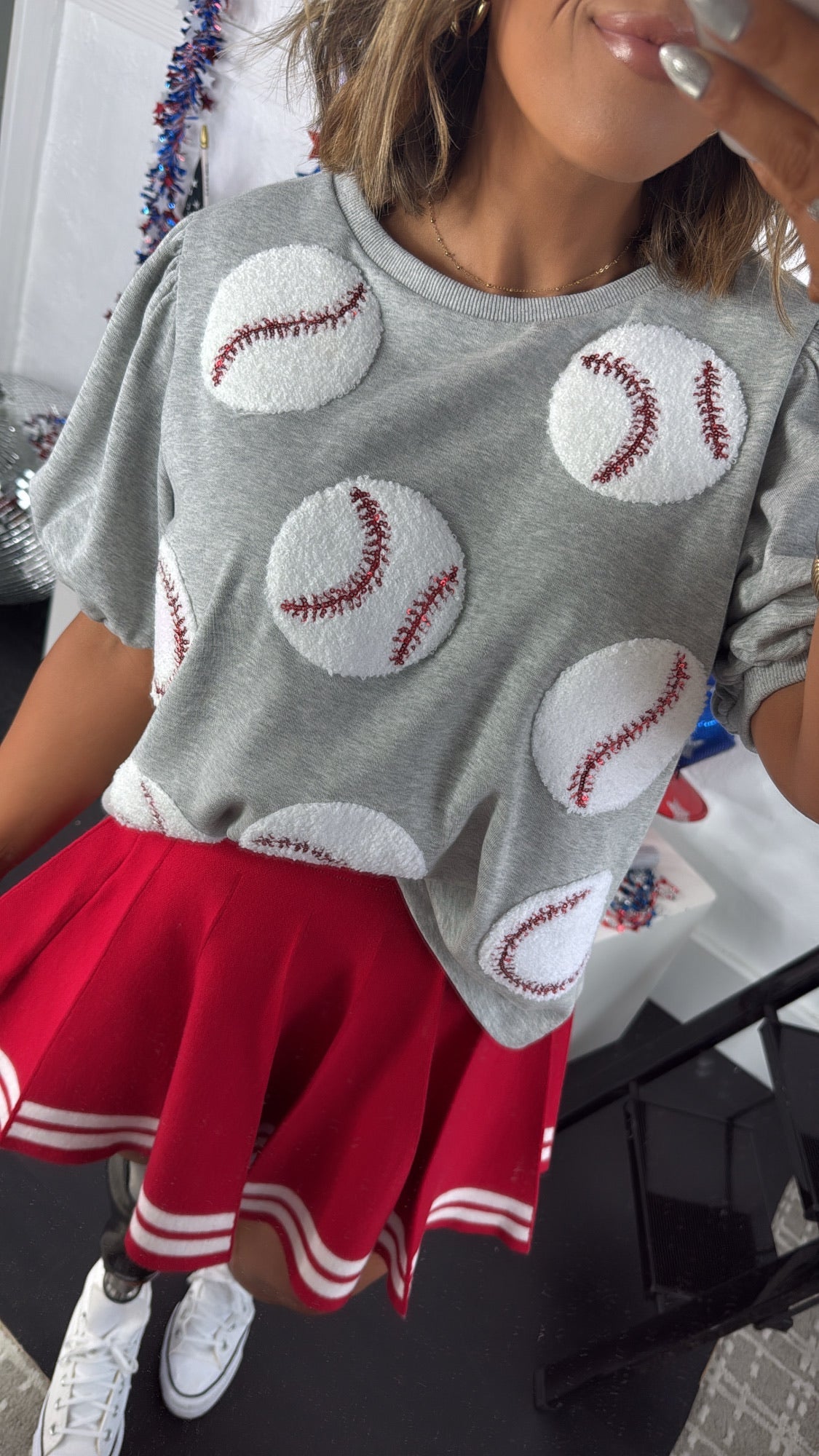 Sequin Slugger Baseball Top, Grey