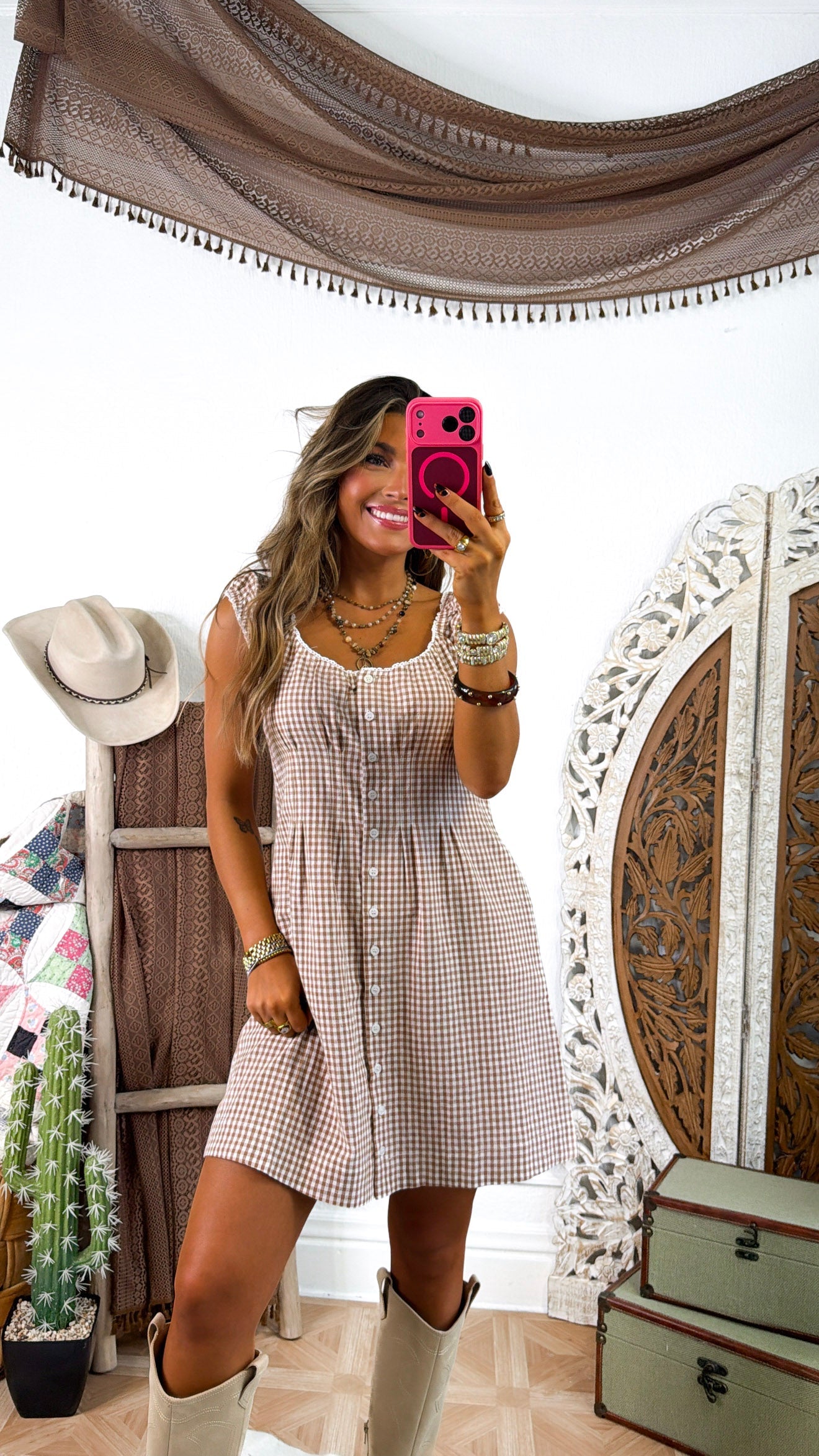 Vanilla Cold Brew Checkered Dress, Mocha/Cream
