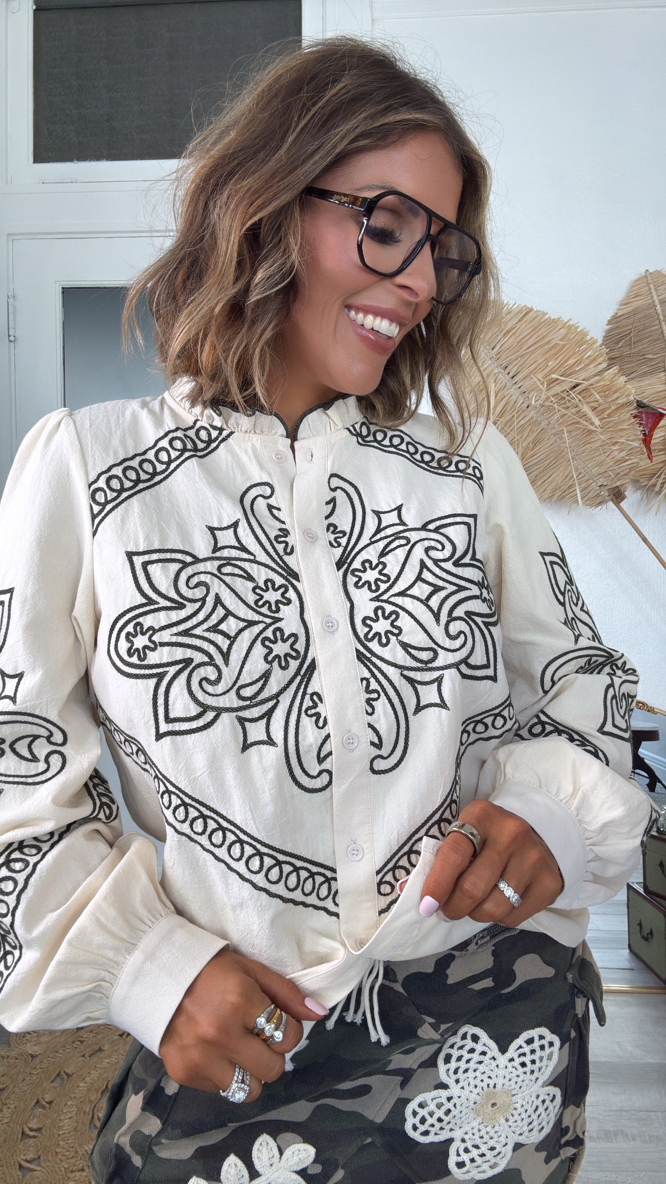 Sundance Ruffle Embroidered Button Up Top, Oatmilk