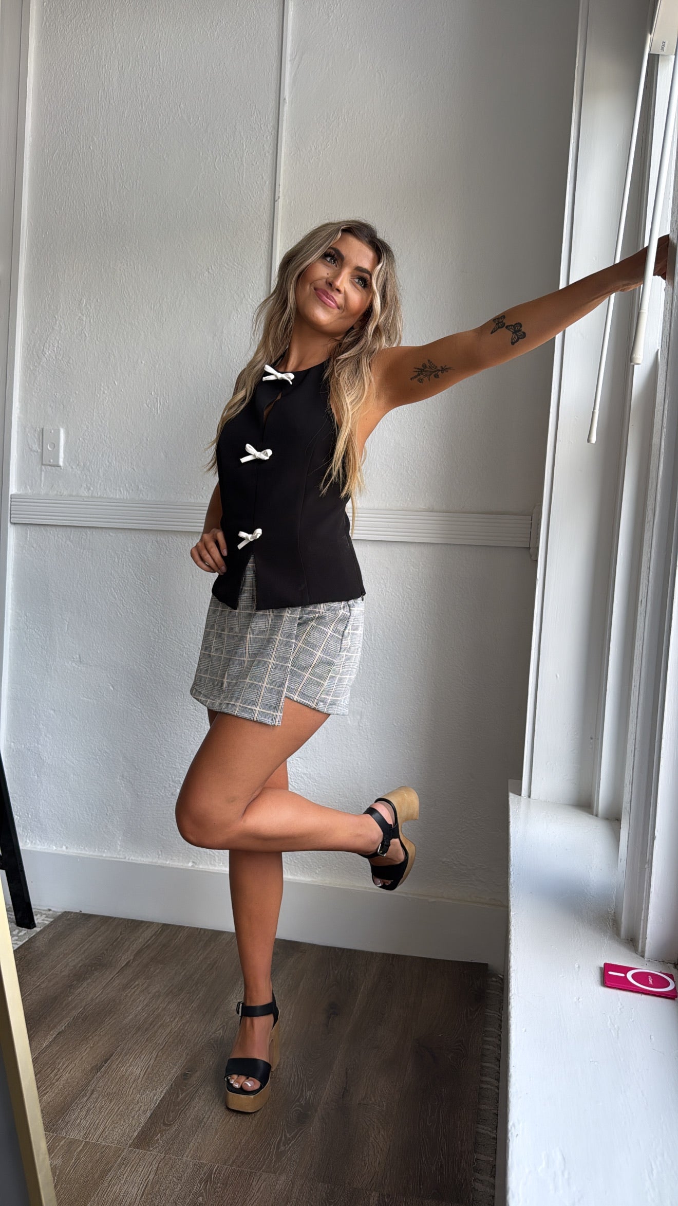 Urban Plaid Wrap Skort, Black/Camel
