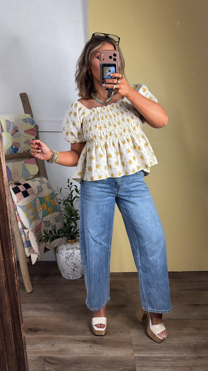 Rosie Ann Smocked Top, Cream/ Yellow Floral