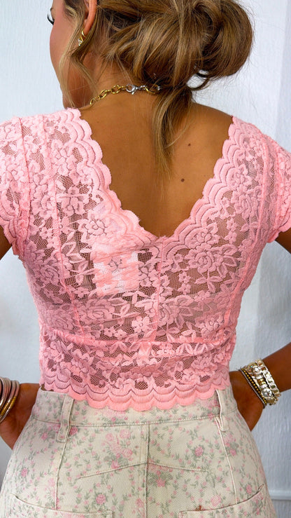 Whispered Lace Top, Coral Pink