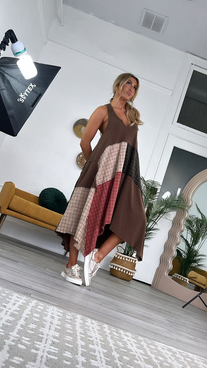 Rustic Patchwork A Symmetrical Dress, Mocha Brown