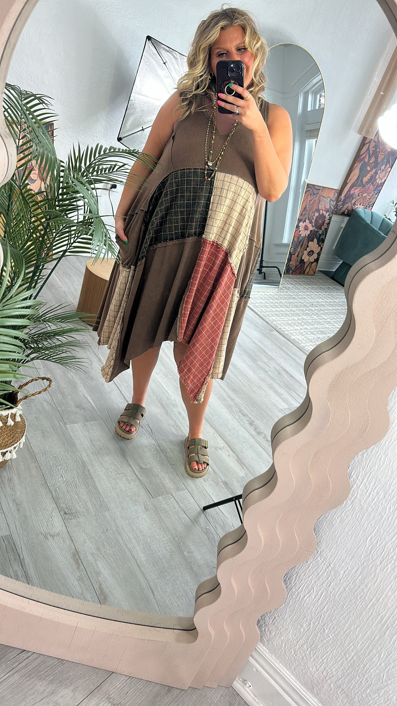 Rustic Patchwork A Symmetrical Dress, Mocha Brown