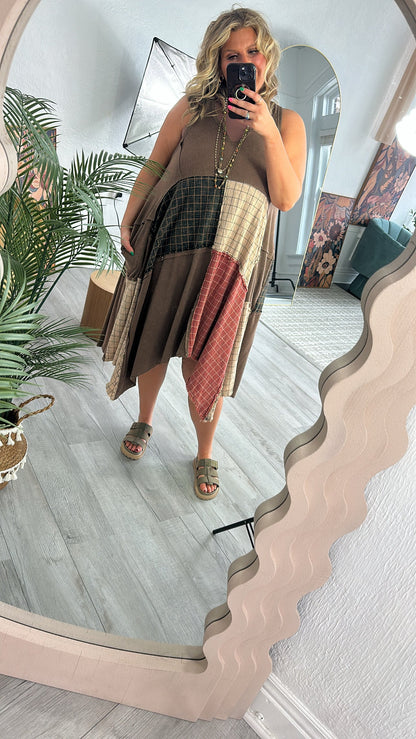Rustic Patchwork A Symmetrical Dress, Mocha Brown