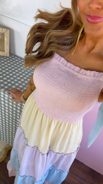 Sunset Rays Color block Maxi Dress, Pastel Multi