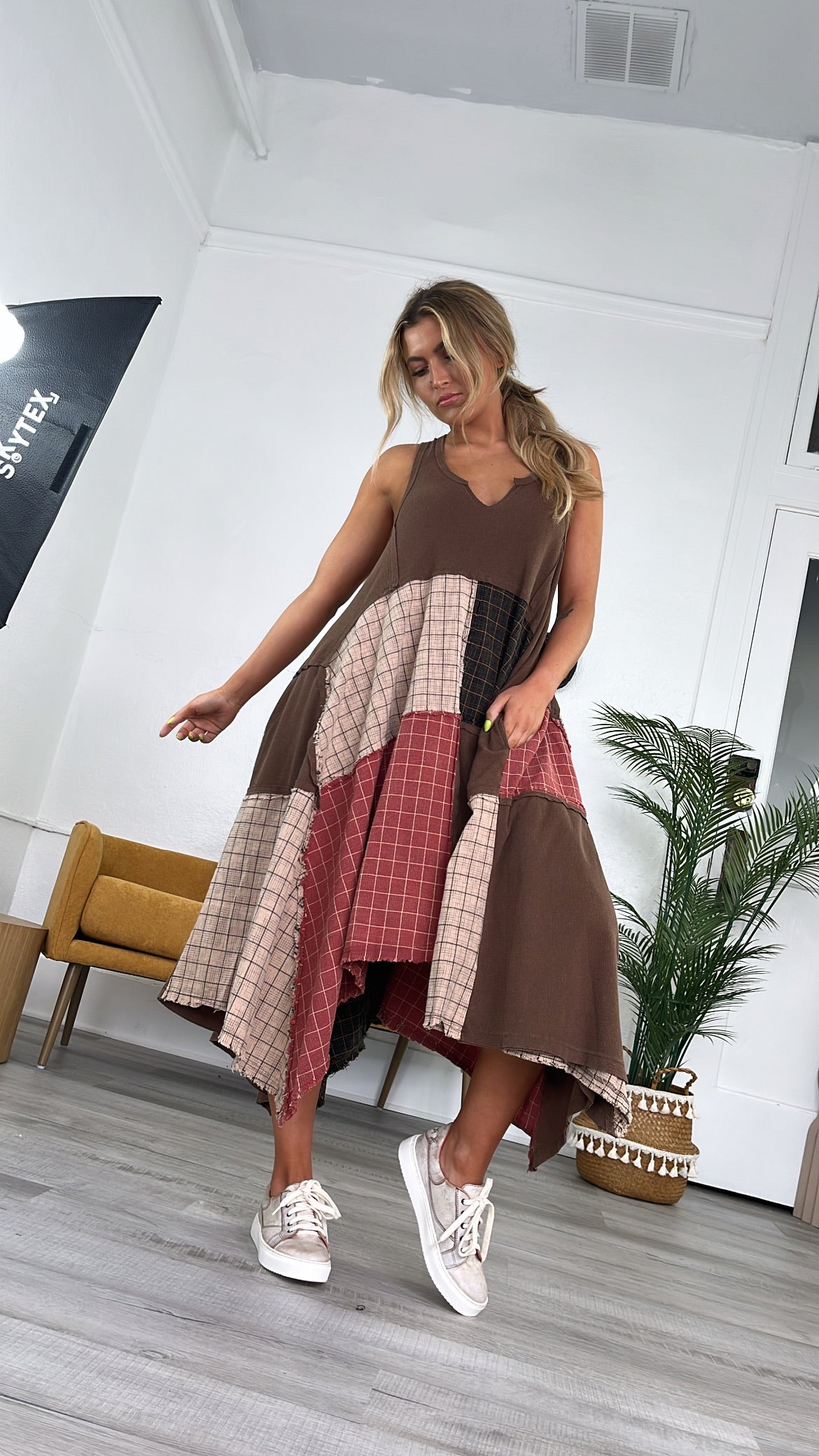 Rustic Patchwork A Symmetrical Dress, Mocha Brown