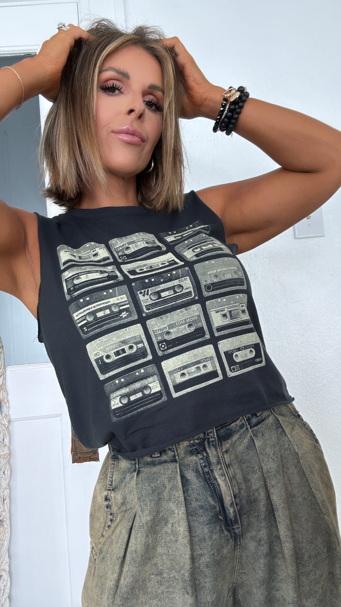 Throwback Cassette Tape Muscle Tee, Vintage Black