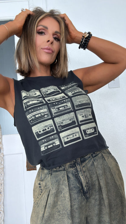 Throwback Cassette Tape Muscle Tee, Vintage Black