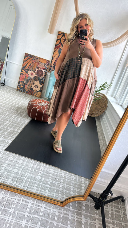Rustic Patchwork A Symmetrical Dress, Mocha Brown