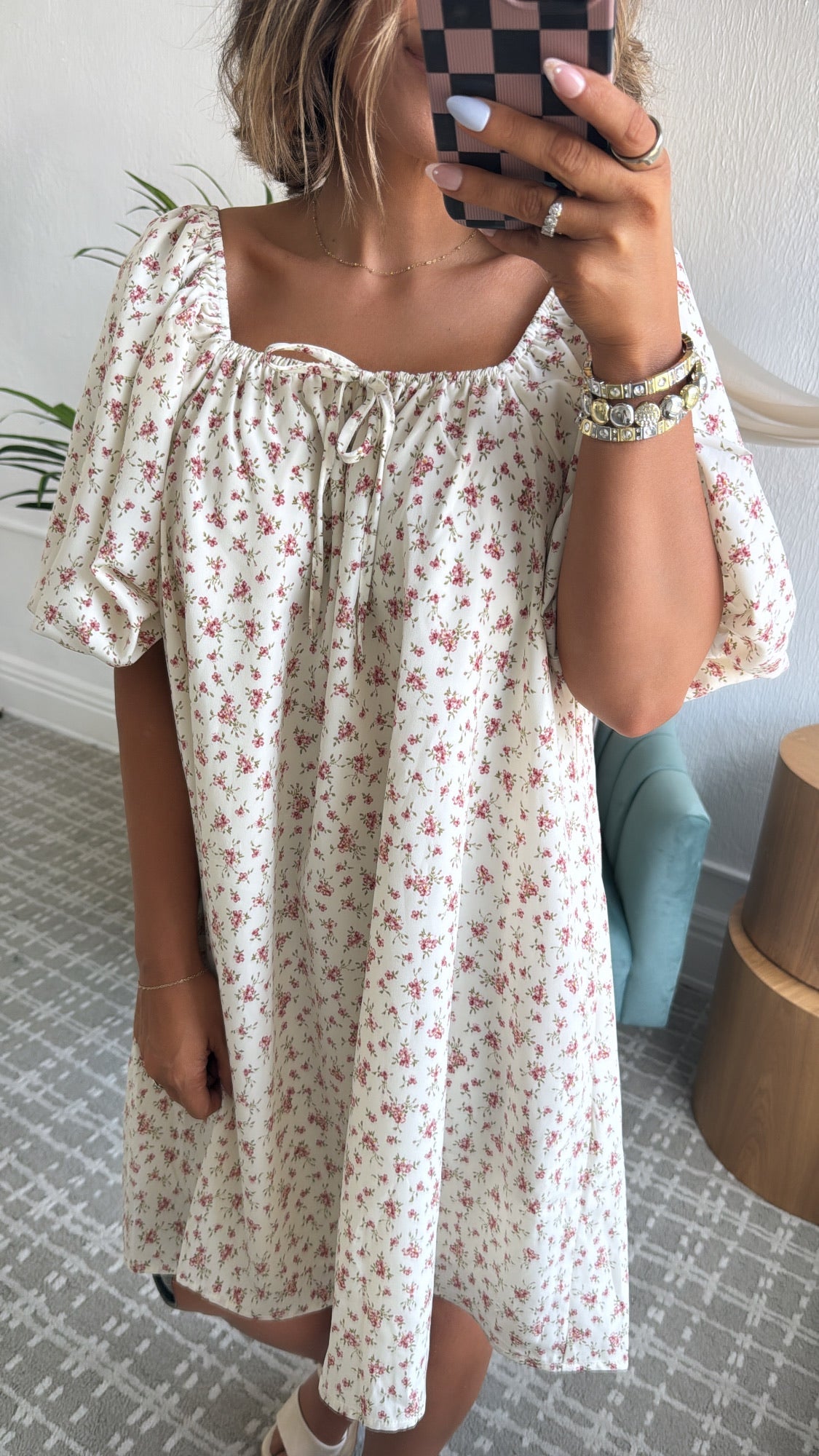 Tulip Kiss Puff Sleeve Dress, Off White/ Rose