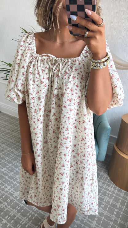 Tulip Kiss Puff Sleeve Dress, Off White/ Rose