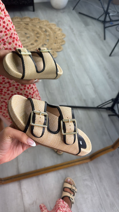 Sunwoven Buckle Strap Sandal, Black/Natural