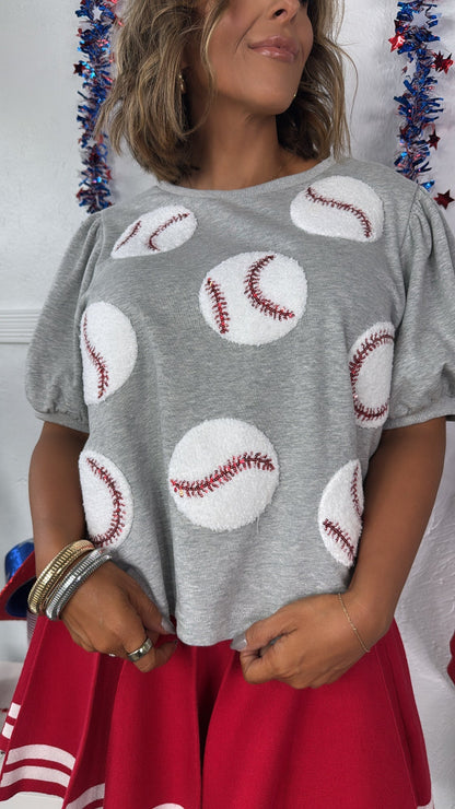 Sequin Slugger Baseball Top, Grey