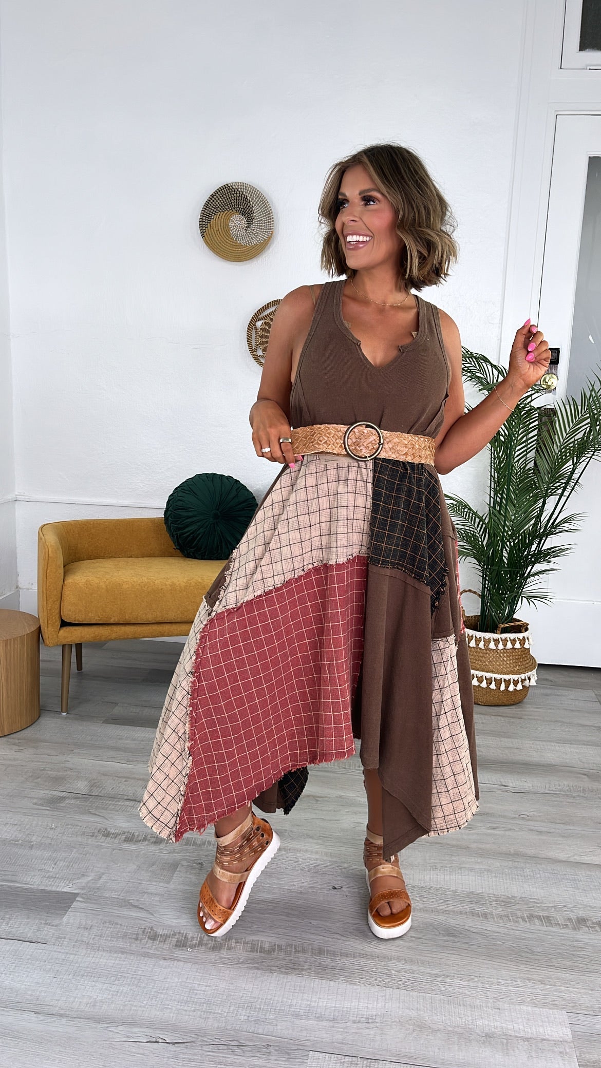 Rustic Patchwork A Symmetrical Dress, Mocha Brown