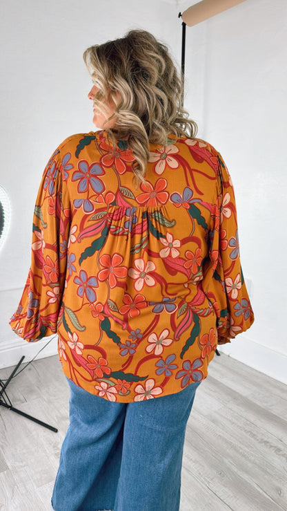 Standout  Long Sleeve Floral Blouse, Camel