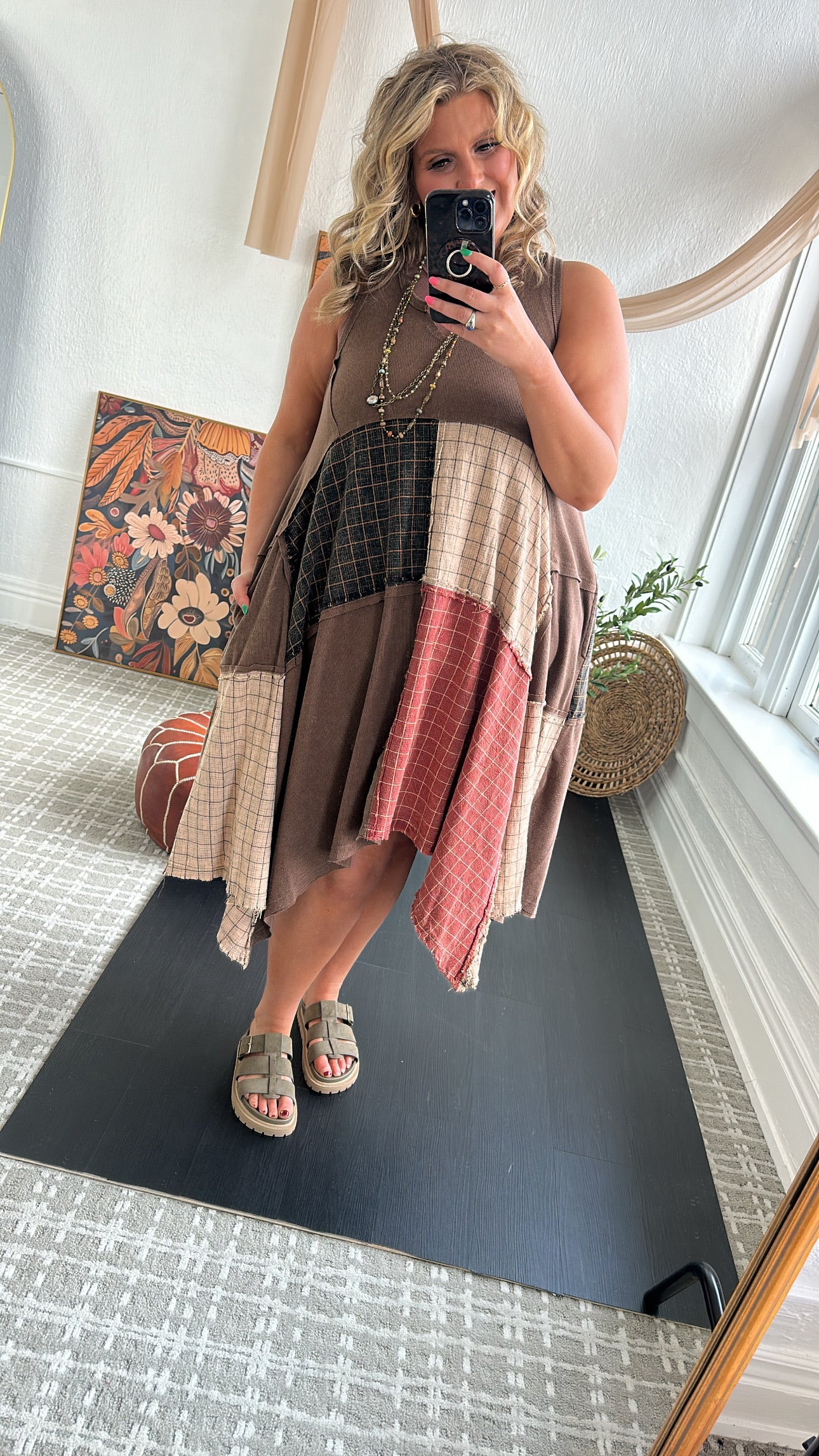 Rustic Patchwork A Symmetrical Dress, Mocha Brown