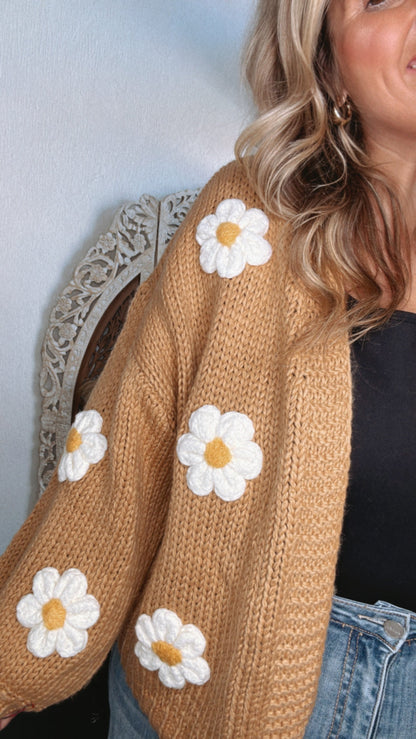 Touch Of Daisy Floral Knit Cardi, Camel