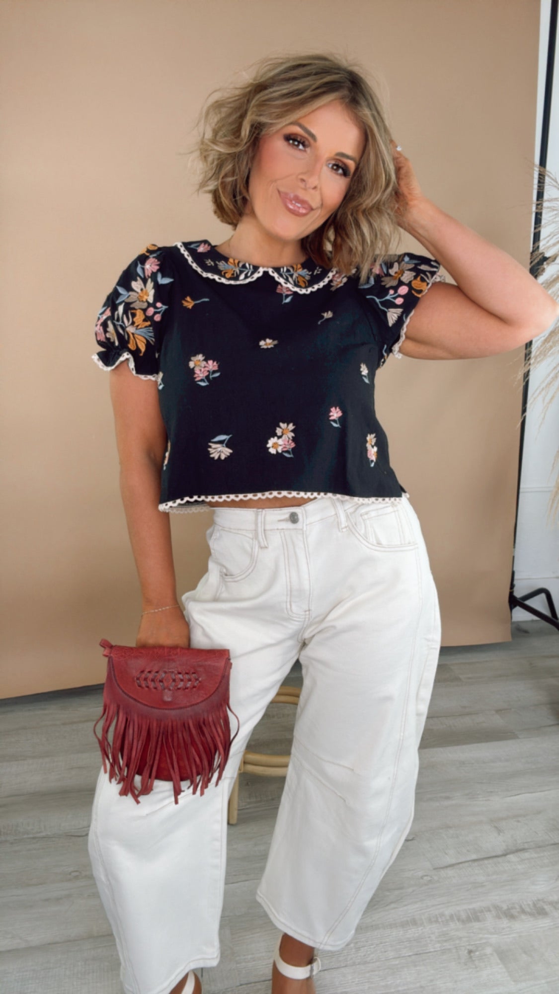 Sweet Things Embroidered Floral Puff Sleeve Top, Black
