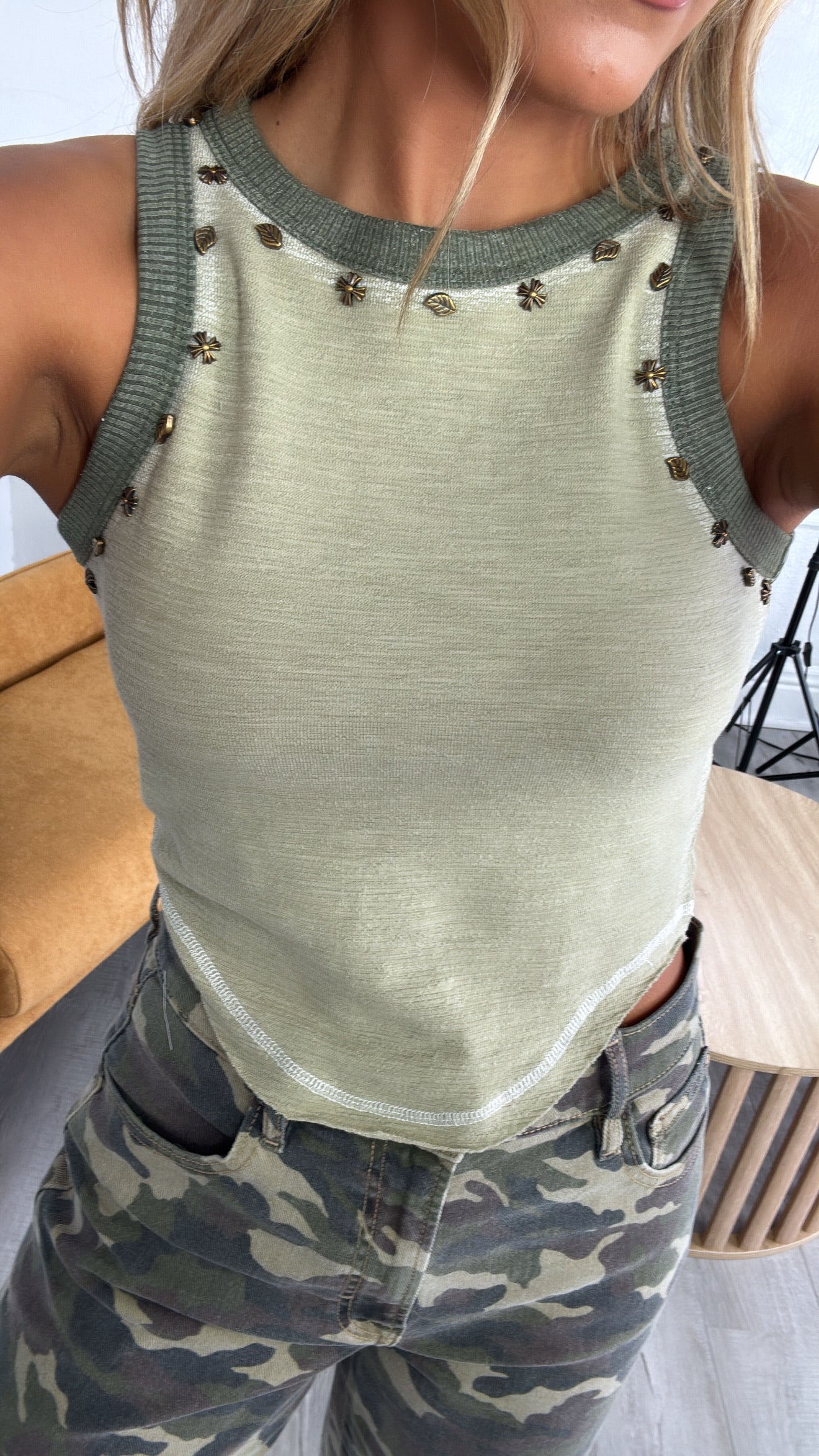 Simple Wear Basic Studded Detail Tank, Green