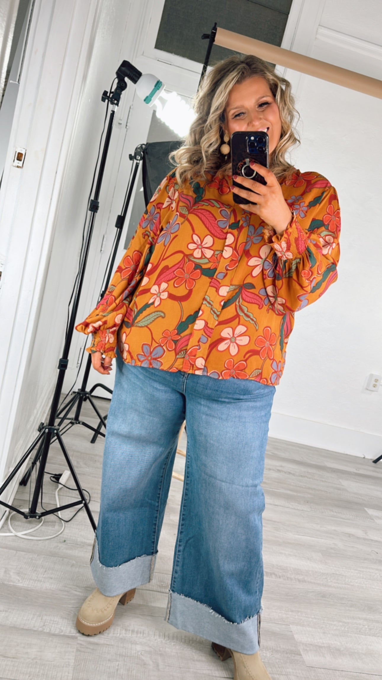 Standout  Long Sleeve Floral Blouse, Camel