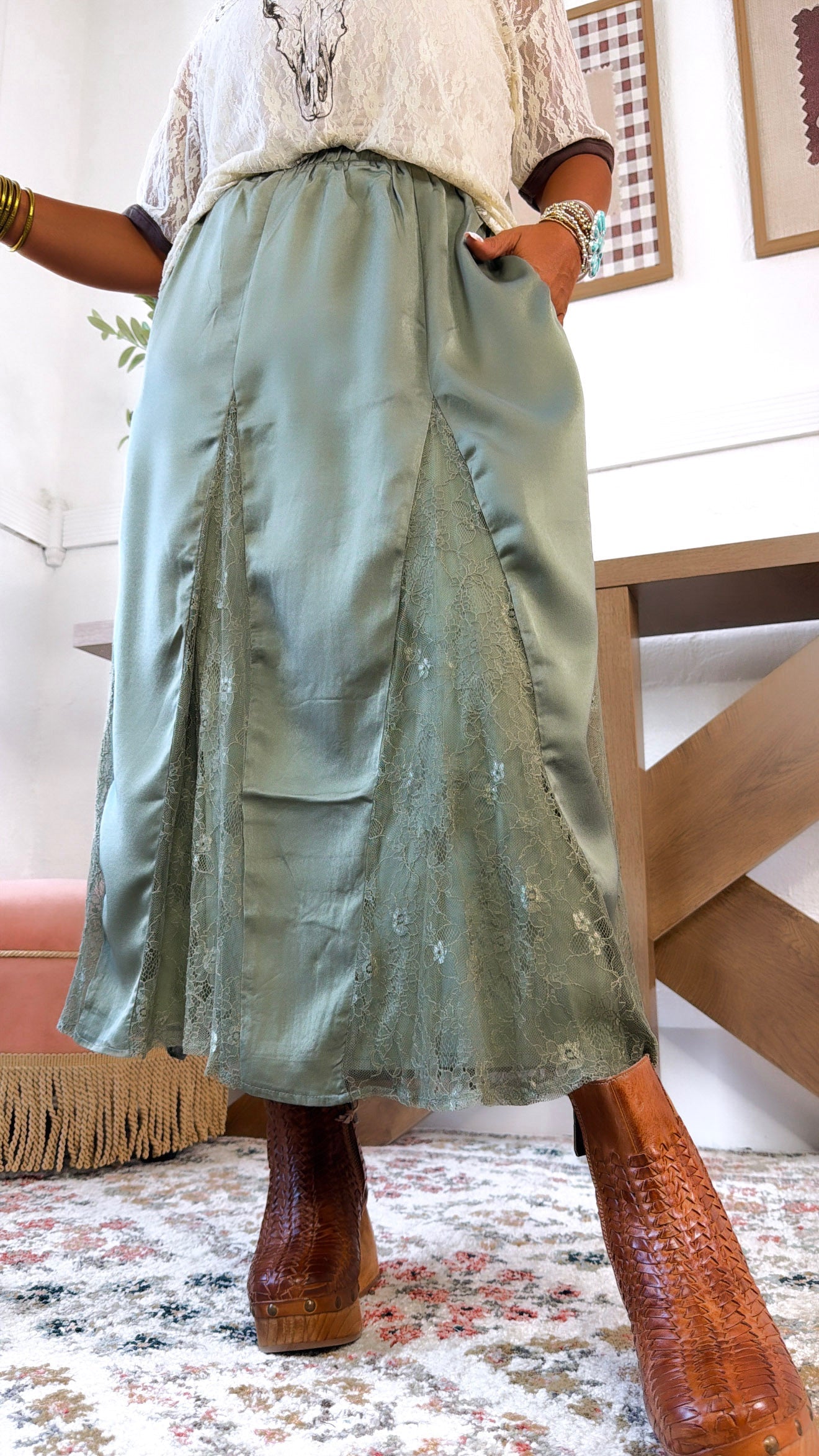 Sweet Lace Silk Maxi Skirt, Olive