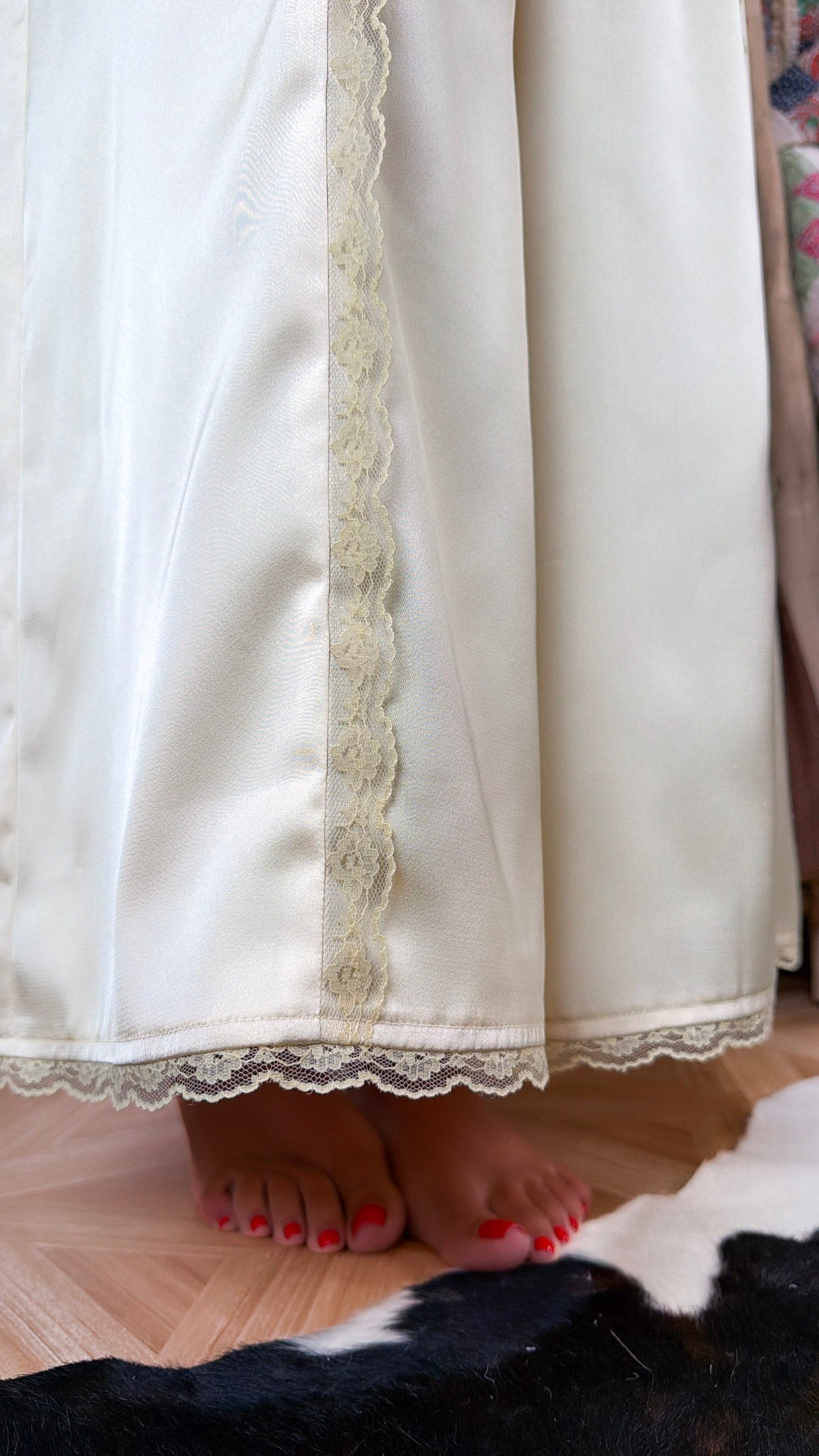 Satin Lace Trim Flowy Pants, Creamy Light Yellow