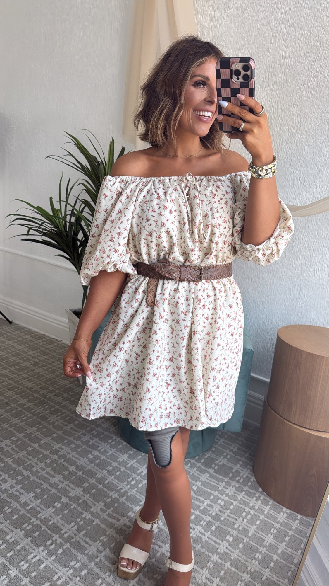 Tulip Kiss Puff Sleeve Dress, Off White/ Rose