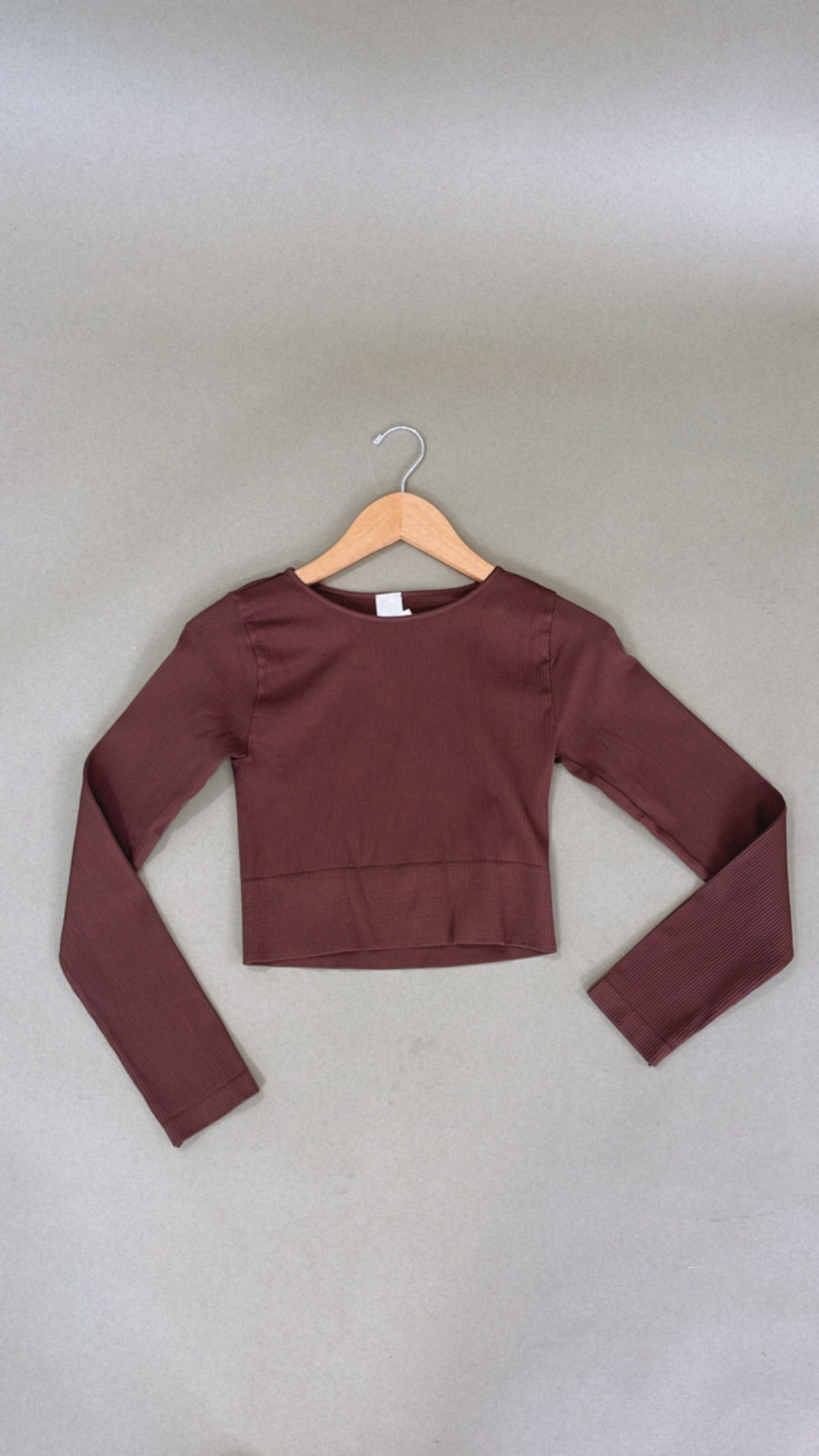Ribbed Long Sleeve Crew Neck Top, Brown