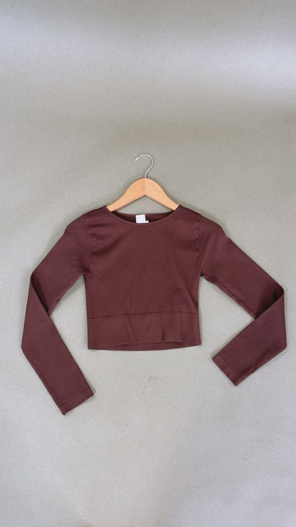 Ribbed Long Sleeve Crew Neck Top, Brown