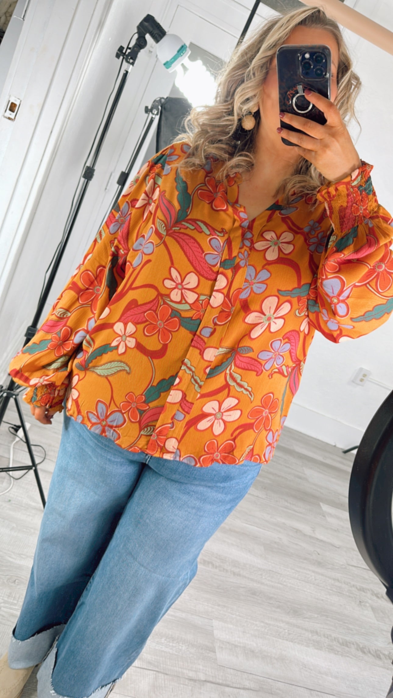 Standout  Long Sleeve Floral Blouse, Camel