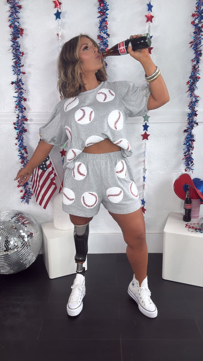 Sequin Slugger Baseball Top, Grey