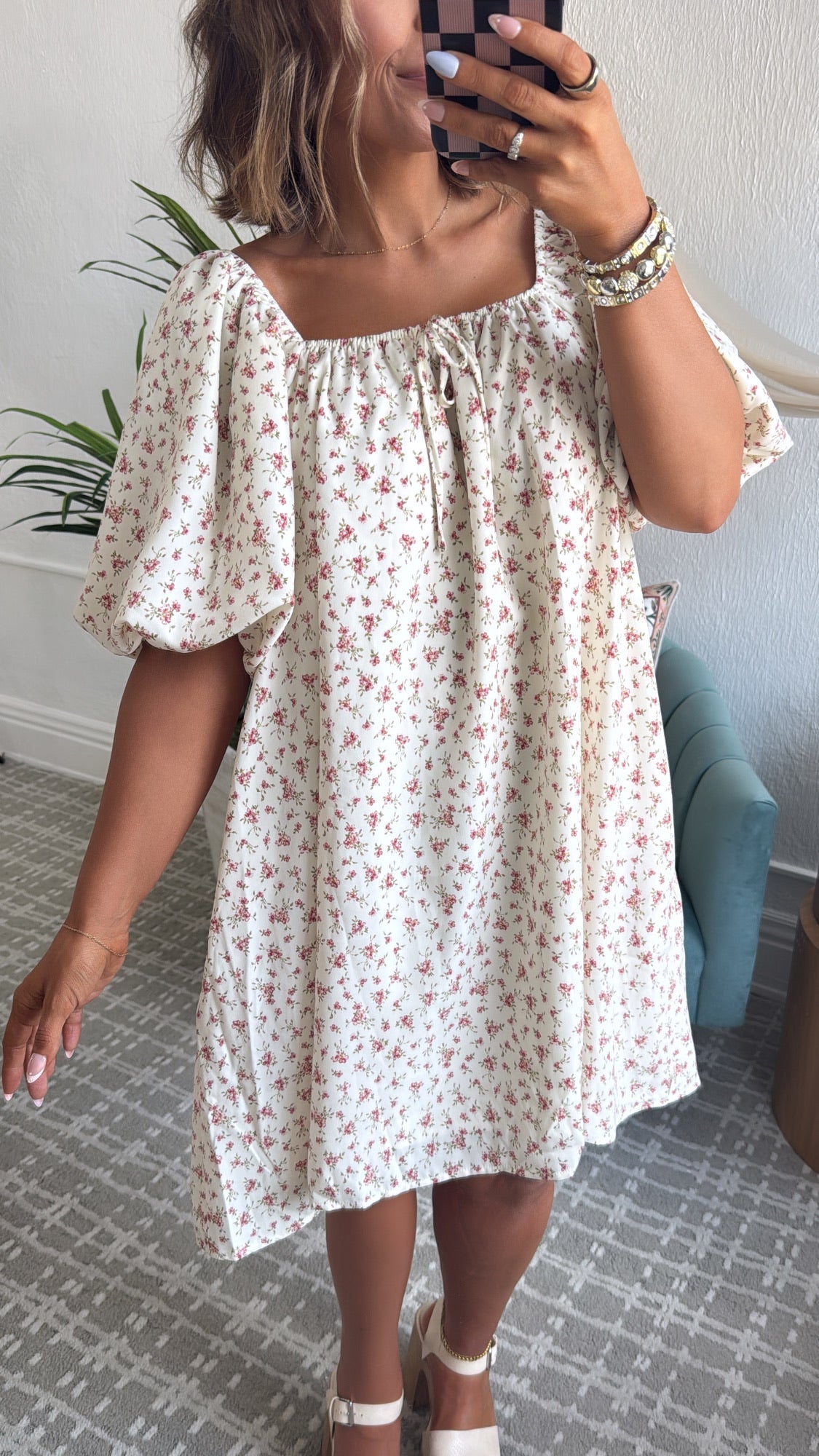 Tulip Kiss Puff Sleeve Dress, Off White/ Rose
