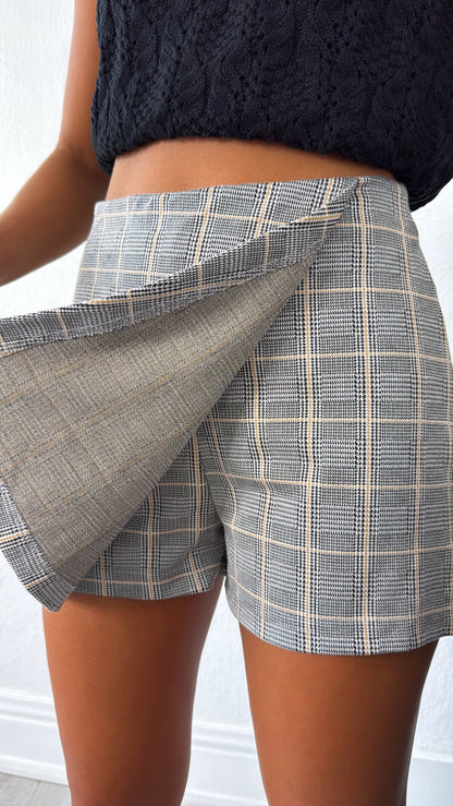 Urban Plaid Wrap Skort, Black/Camel