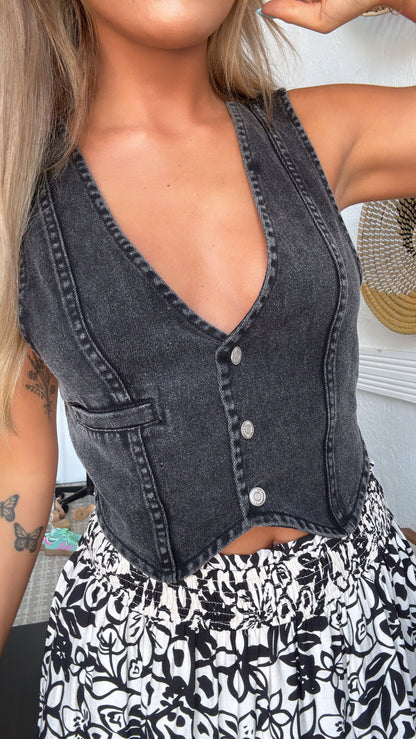 Western Vintage Washed Denim Vest, Black